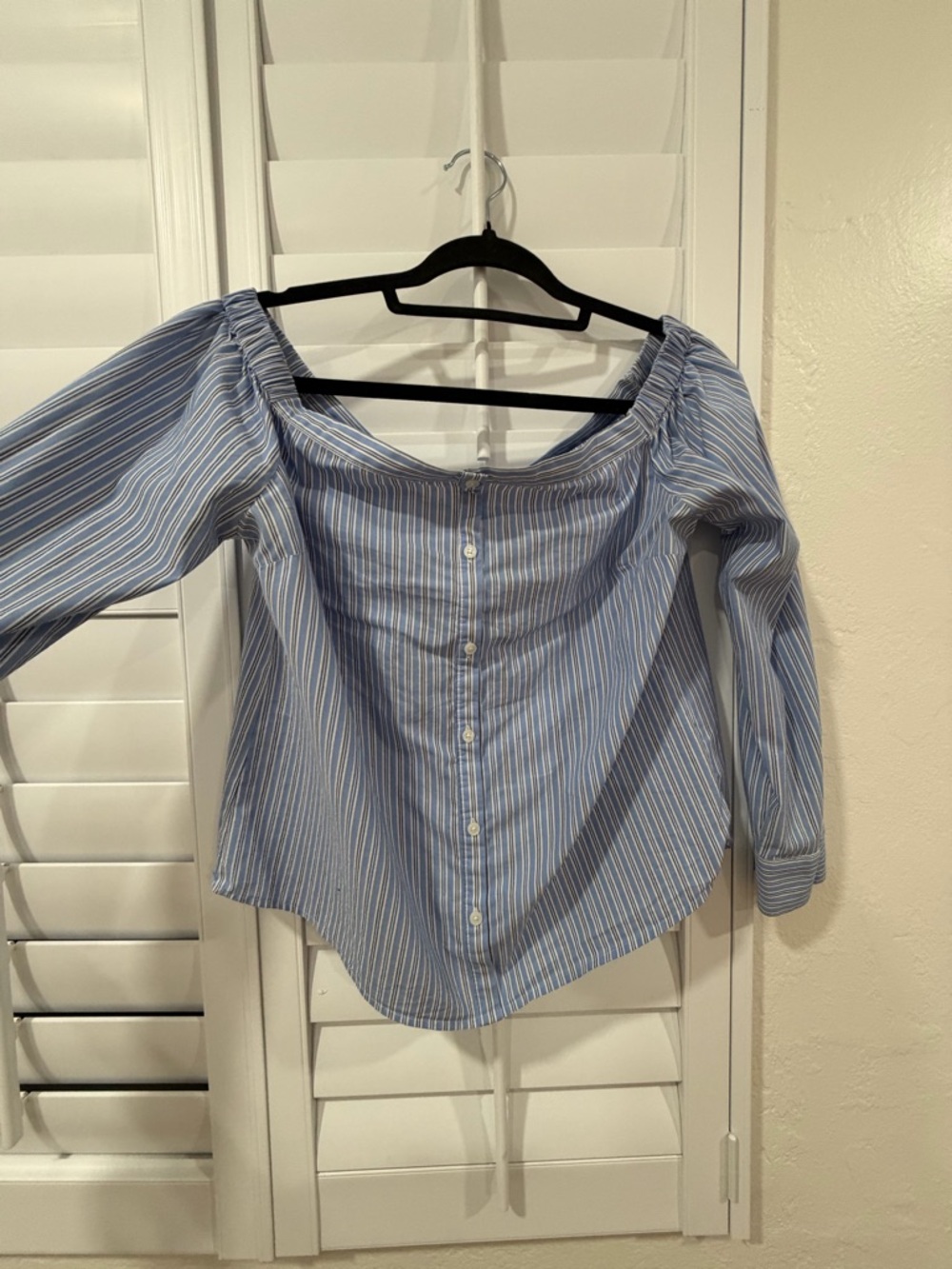Express Blue and White Striped Off-Shoulder Button-Up Blouse